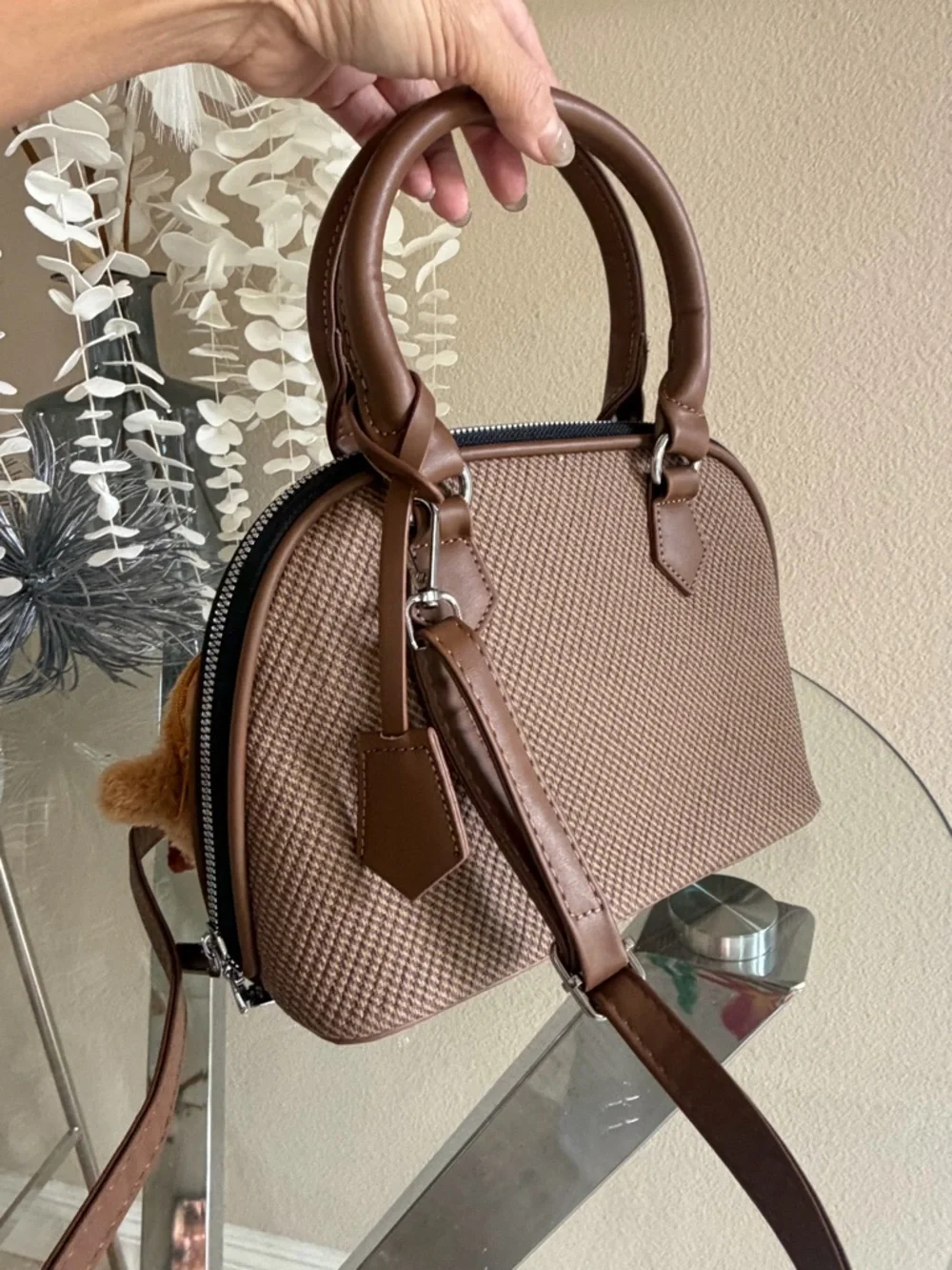 Brown Faux-Leather Handbag with Decorative Charms